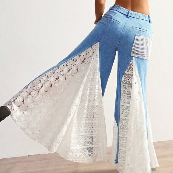 Blue And White Casual Women's Bohemian Style Mixed High Waist Bell Bottom Pants - Picture 7 of 7